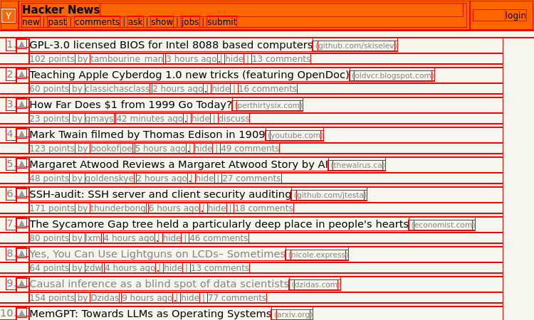 The homepage of Hacker News with red outlines on every HTML element.