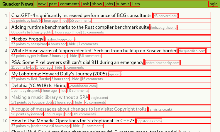 The homepage of Quacker News with red outlines on every HTML element.