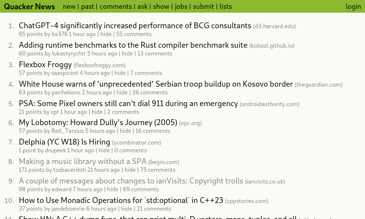 The homepage of Quacker News.